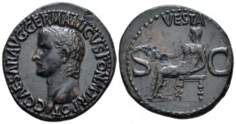 Gaius, 37-41 As circa 37-38, Æ 30mm., 11.66g. Bare head l. Rev. Vesta, diademed and veiled, seated l. on ornamental throne, holding patera and long tr...