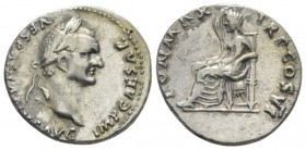 Vespasian, 69-79 Plated denarius circa 75, AR 19.5mm., 3.08g. circa 75, AR 19mm, 3.08g. Laureate head r. Rev. Securitas seated l., head resting on rai...