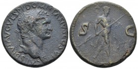 Domitian, 81-96 Sestertius Thrace circa 81, Æ 33mm., 25.32g. Laureate head r. Rev. Mars, wearing cloak, advancing r., holding spear and trophy. C 423....