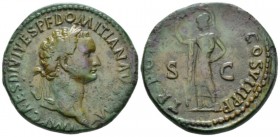 Domitian, 81-96 Sestertius circa 82, Æ 33mm., 22.62g. Laureate head r. Rev. Minerva standing l., holding spear. C –, cf. 581. RIC –, cf. 105.

Appar...