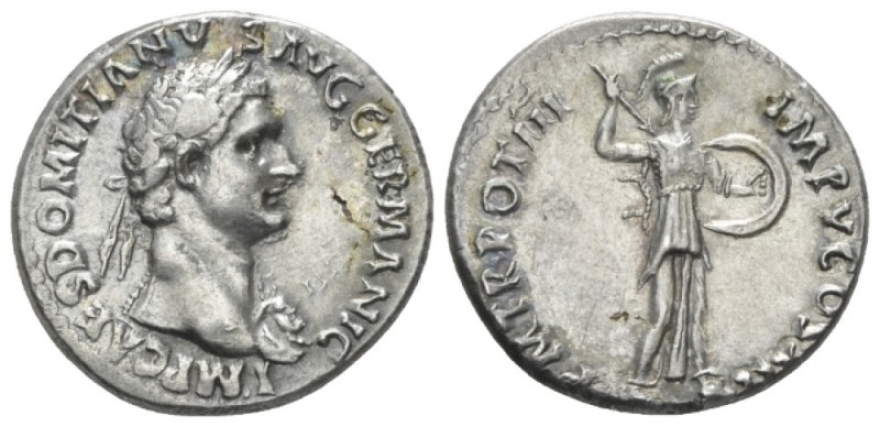 Domitian, 81-96 Denarius circa 84, AR 18mm., 3.55g. Laureate bust r., wearing ae...