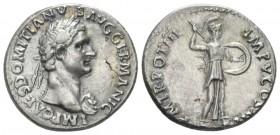 Domitian, 81-96 Denarius circa 84, AR 18mm., 3.55g. Laureate bust r., wearing aegis. Rev. Minerva advancing r., holding shield and spear. C 355 var. (...