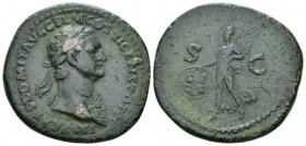 Domitian, 81-96 As circa 85, Æ 28mm., 11.68g. Laureate bust r., wearing aegis. Rev. Victory flying l., holding shield. C 468. RIC 388

Nice green pa...