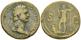 Domitian, 81-96 Sestertius circa 86, Æ 35mm., 24.88g. Laureate bust r., wearing aegis on l. shoulder. Rev. Domitian standing l., holding parazonium an...