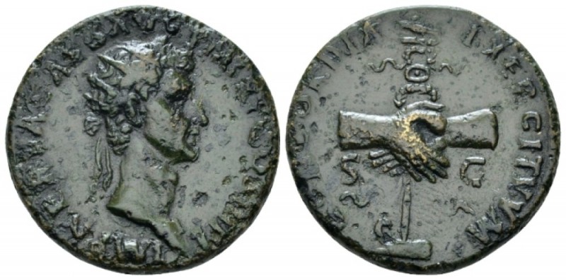 Nerva, 96-98 Dupondius circa 97, Æ 26mm., 10.17g. Radiate head r. Rev. Clasped h...