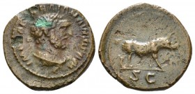 Trajan, 98-117 Quadrans circa 98-102, Æ 18mm., 2.31g. Laureate bust of Hercules r., wearing lion skin draped around his neck. Rev. S C Boar walking ri...