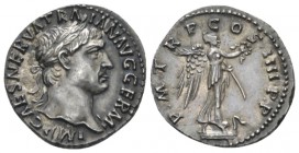 Trajan, 98-117 Denarius circa 101-102, AR 19mm., 3.44g. Laureate head r. Rev. Victory r. on prow, holding wreath and palm. C 241. RIC 59.
 
 Attract...
