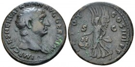 Trajan, 98-117 As circa 101-102, Æ 28mm., 10.83g. Laureate head r. Rev. Victory flying l., holding shield. C 640. RIC 434.

Dark green patina, Very ...