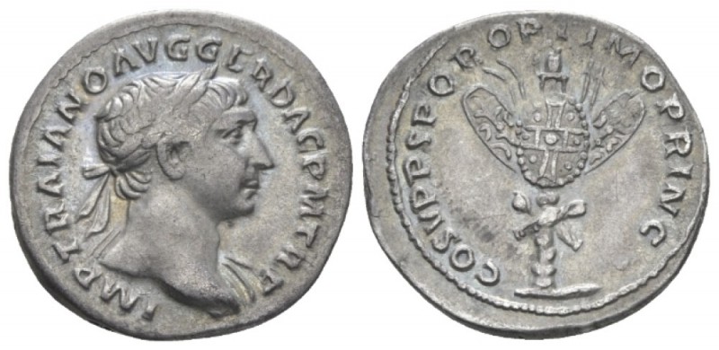 Trajan, 98-117 Denarius circa 107-108, AR 20mm., 2.85g. Laureate bust r., with d...