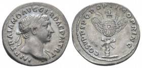 Trajan, 98-117 Denarius circa 107-108, AR 20mm., 2.85g. Laureate bust r., with drapery on l. shoulder. Rev. Dacian trophy at base of which shields, sp...