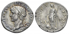 Hadrian, 117-138 Denarius circa 121-123, AR 18mm., 3.31g. Laureate head l. Rev. Providentia standing l., pointing at globe at her feet and holding sce...