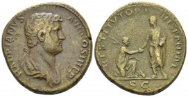 Hadrian, 117-138 Sestertius circa 130-138, Æ 32mm., 23.61g. Bare headed and draped bust r. Rev. Hadrian standing l., extending r. hand to raise up a k...