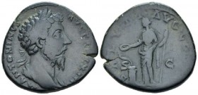 Marcus Aurelius, 161-180 Sestertius circa 169, Æ 31mm., 24.44g. Laureate head r. Rev. Salus standing l., feeding snake coiled around altar and holding...