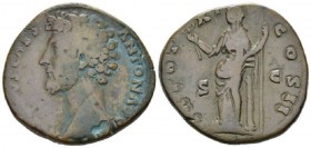 Marcus Aurelius Caesar, 139-161. Sestertius circa 156-157, Æ 30mm., 24.24g. Bare head l. Rev. Felicitas standing l., holding caduceus and sceptre, lea...