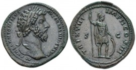 Marcus Aurelius, 161-180 Sestertius circa 163-164, Æ 35mm., 33.40g. Laureate head r. Rev. Mars standing r., holding spear and with l. hand on shield. ...