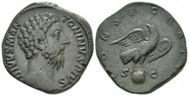 Divus Marcus Aurelius. Sestertius After 180, Æ 29mm., 24.78g. Bare head r. Rev. Eagle standing r., head l. and spread wings, on globe. C 89. RIC Commo...