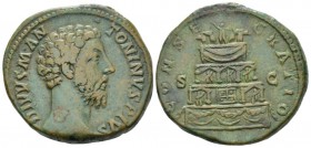 Divus Marcus Aurelius. Sestertius after 180, Æ 30mm., 25.82g. Marcus Aurelius, 161 – 180. after 180, Æ 30mm, 25.82g. Bare head r. Rev. Funeral pyre in...
