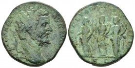 Septimius Severus, 193-211 Sestertius circa 194, Æ 29mm., 22.28g. Laureate head r. Rev. The three Monetae standing facing, heads l., each holding scal...