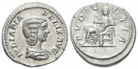Julia Domna, wife of Septimius Severus Denarius circa 211-217, AR 19.1mm., 3.51g. IVLIA PIA FELIX AVG Draped bust r. Rev. PVDICITIA Pudicitia veiled s...