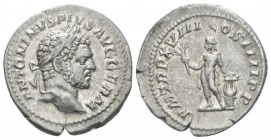 Caracalla, 198-217 Denarius circa 215, AR 19.4mm., 3.17g. ANTONINVS PIVS AVG GERM Laureate head r. Rev. P M TR P XVIII COS IIII P P Apollo, naked, sta...