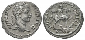 Caracalla, 198-217 Denarius circa 208, AR 18mm., 3.93g. Laureate head r. Rev. Emperor on horseback r., holding spear; below, falling enemy. C -. RIC 1...
