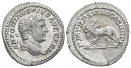 Caracalla, 198-217 Denarius circa 216, AR 19.5mm., 3.48g. ANTONINVS PIVS AVG GERM Laureate head r. Rev. P M TR P XVIIII COS IIII P P Lion, radiate, ad...
