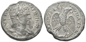 Caracalla, 198-217 Tetradrachm Antioch circa 214-215, AR 27.2mm., 12.63g. Laureate head r. Rev. Eagle standing facing on leg of animal, head turned ri...