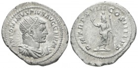 Caracalla, 198-217 Antoninianus circa 216, AR 25.1mm., 5.03g. Radiate, draped bust r. Rev. Serapis wearing polos standing l., raising r. hand and hold...