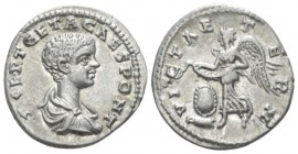 Geta Caesar, 198-209. Denarius Laodicea circa 200-202, AR 19mm., 3.36g. Bare-headed, draped, and cuirassed bust r. Rev. Victory flying l., holding in ...