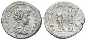 Geta caesar, 198 – 209. Denarius circa 200-202, AR 20mm., 3.71g. Bare-headed, draped and cuirassed bust right. Rev. Geta standing l., holding branch a...