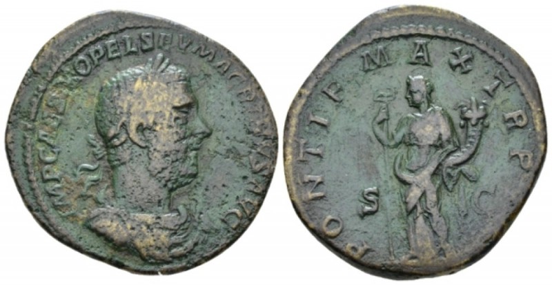 Macrinus, 217-218 Sestertius circa 217, Æ 31mm., 22.56g. Laureate and cuirassed ...