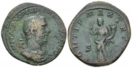 Macrinus, 217-218 Sestertius circa 217, Æ 31mm., 22.56g. Laureate and cuirassed bust r. Rev. Felicitas standing l., holding long caduceus and cornucop...