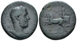 Macrinus, 217-218 As circa 218, Æ 23.5mm., 10.16g. Laureate, draped, and cuirassed bust r. Rev. Emperor standing l. in quadriga, holding branch and sc...
