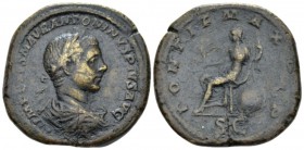 Elagabalus, 218-222 Sestertius circa 218, Æ 34mm., 29.56g. Laureate, draped and cuirassed bust r. Rev. Roma seated l. on shield, holding Victory and s...