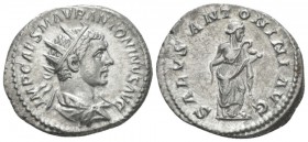 Elagabalus, 218-222 Antoninianus circa 219, AR 23mm., 5.06g. Radiate, draped, and cuirassed bust r. Rev. Salus standing r., feed snake which she holds...