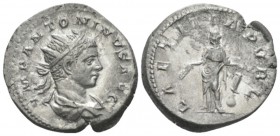 Elagabalus, 218-222 Antoninianus circa 219-220, AR 22mm., 4.85g. Radiate, draped and cuirassed bust r. Rev. Laetitia standing facing head l., holding ...