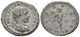 Elagabalus, 218-222 Antoninianus circa 219-220, AR 23mm., 5.33g. Radiate and draped bust r. Rev. Mars Victor advancing r., holding spear and trophy. C...