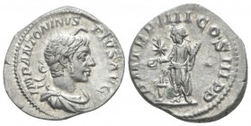 Elagabalus, 218-222 Denarius circa 220-221, AR 19.8mm., 3.16g. IMP ANTONINVS PIVS AVG Laureate, draped bust r. wearing 'horn'. Rev. P M TR P IIII COS ...