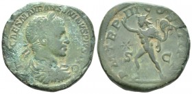 Elagabalus, 218-222 Sestertius circa 220, Æ 32mm., 22.59g. Laureate, draped and cuirassed bust r. Rev. Sol advancing l., raising r. hand and holding w...