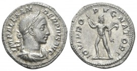 Severus Alexander, 222-235 Denarius circa 231, AR 19.4mm., 3.00g. Laureate, draped, and cuirassed bust r. Rev. IOVI PRO PV GNATORI Jupiter in fighting...