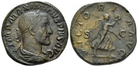 Maximinus I, 235-238 Sestertius circa 235-236, Æ 30mm., 23.25g. Laureate, draped and cuirassed bust r. Rev. Victory advancing r. wreath and palm branc...