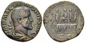 Maximinus I, 235-238 Sestertius circa 235-236, Æ 28mm., 17.45g. Laureate draped and cuirassed bust r. Rev. Emperor seated on platform, soldiers behind...