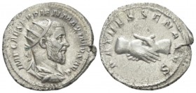 Pupienus, 238 Antoninianus circa 238, AR 22mm., 4.45g. Radiate, draped and cuirassed bust r. Rev. Clasped hands. C 21. RIC 11b.

Nicely toned, Extre...