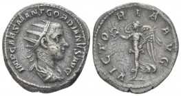 Gordian III, 238-244 Antoninianus circa 238-239, AR 33mm., 4.95g. Radiate, draped and cuirassed bust r. Rev. Victory advancing l., holding wreath and ...
