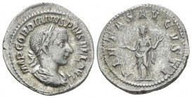 Gordian III, 238-244 Denarius circa 241-243, AR 20mm., 3.17g. Laureate, draped and cuirassed bust r. Rev. Pietas, veiled, standing facing, both hands ...