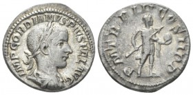 Gordian III, 238-244 Denarius circa 241-243, AR 20mm., 3.69g. Laureate, draped and cuirassed bust r. Rev. Gordian standing r. in military dress, holdi...