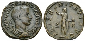 Gordian III, 238-244 Sestertius circa 241-243, Æ 30mm., 21.51g. Laureate, draped and cuirassed bust r. Rev. Sol standing facing, head l., raising r. h...