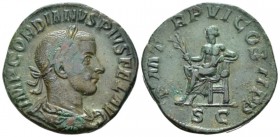 Gordian III, 238-244 Sestertius circa 241-243, Æ 30mm., 19.02g. Laureate, draped and cuirassed bust r. Rev. Apollo seated l., holding branch and resti...