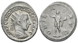 Gordian III, 238-244 Antoninianus Antiochia circa 242-244, AR 22mm., 4.86g. Radiate and cuirassed bust r. Rev. Sol standing l., raising hand and holdi...
