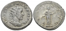 Philip I, 244-249 Antoninianus circa 244-247, AR 23mm., 4.78g. Radiate, draped and cuirassed bust r. Rev. Salus standing r., feeding serpent held in b...